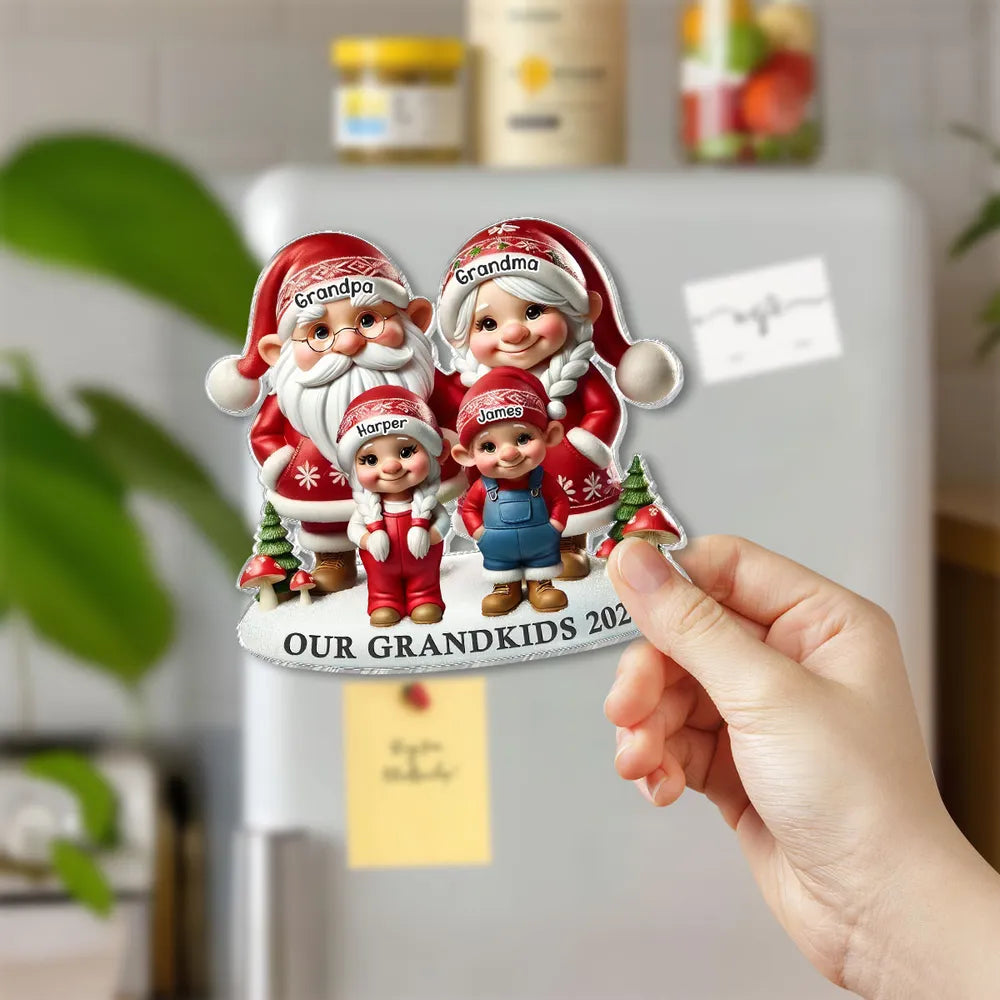 3D Effect Gnome Grandma Grandpa And Grandkids Personalized Acrylic Fridge Magnet, Gift For Grandparents, Grandkids