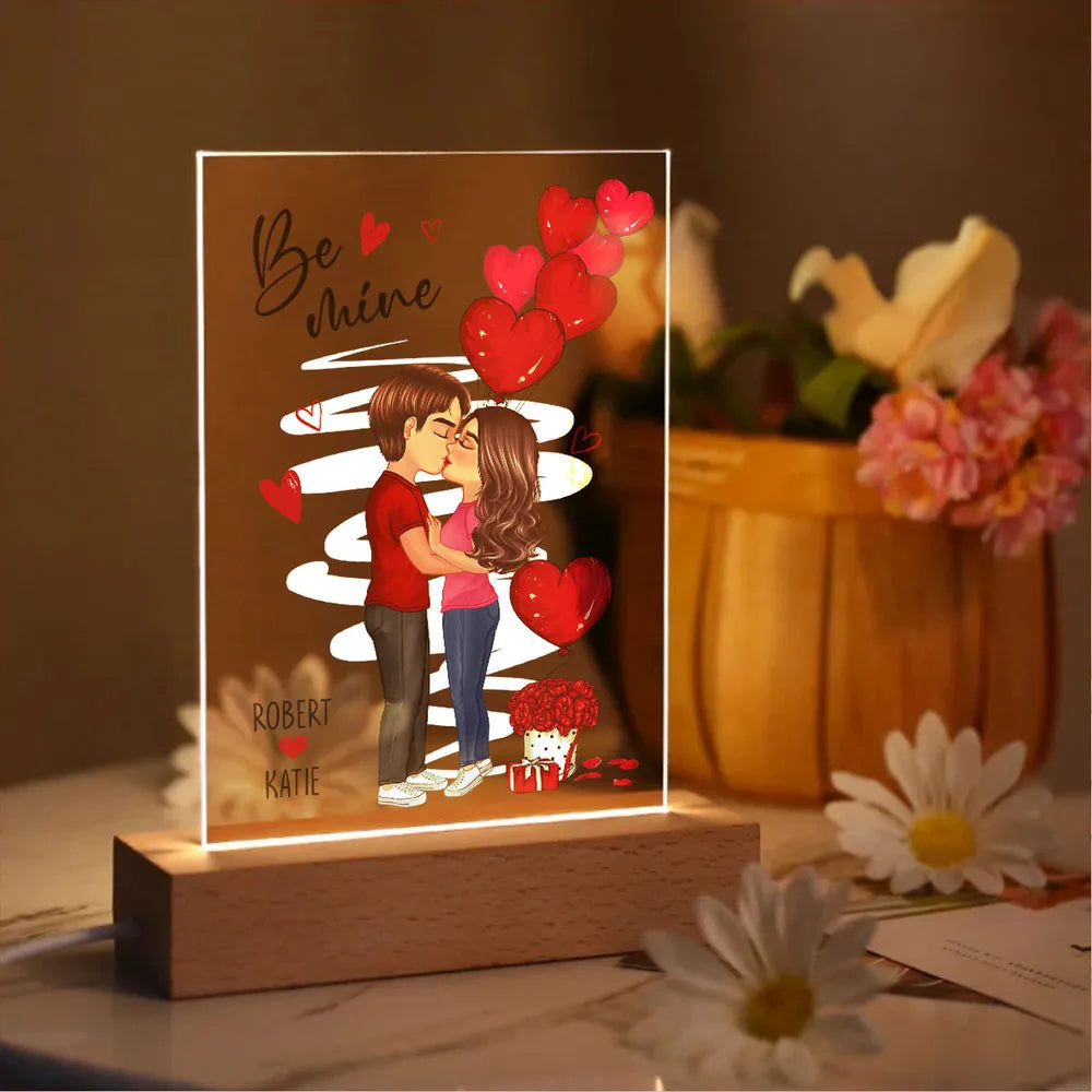 Be Mine Doll Couple Standing Kissing Personalized Plaque LED Night Light - Valentine's Day Gift for Him, Gift for Her