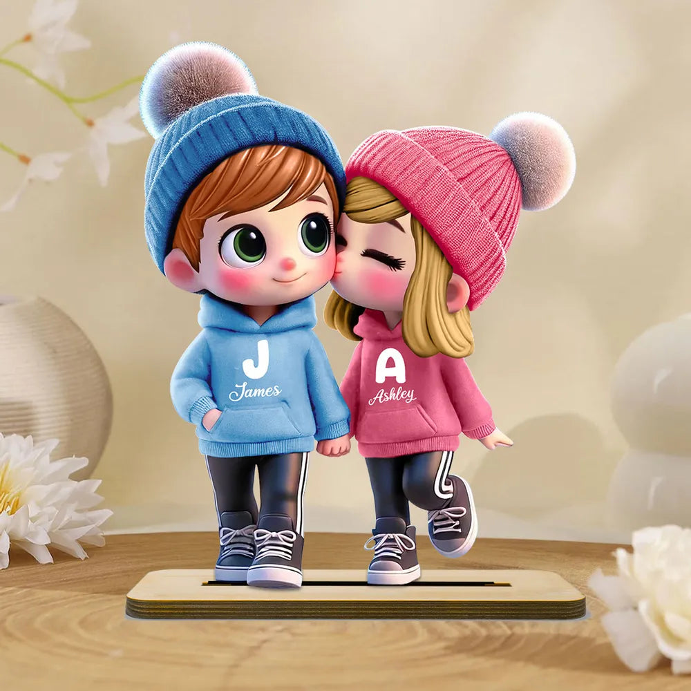 3D Cute Cartoon Couple Walking Personalized Standing Wooden Plaque, Valentine's Day Gift for Him, Gift for Her