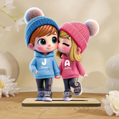 3D Cute Cartoon Couple Walking Personalized Standing Wooden Plaque, Valentine's Day Gift for Him, Gift for Her