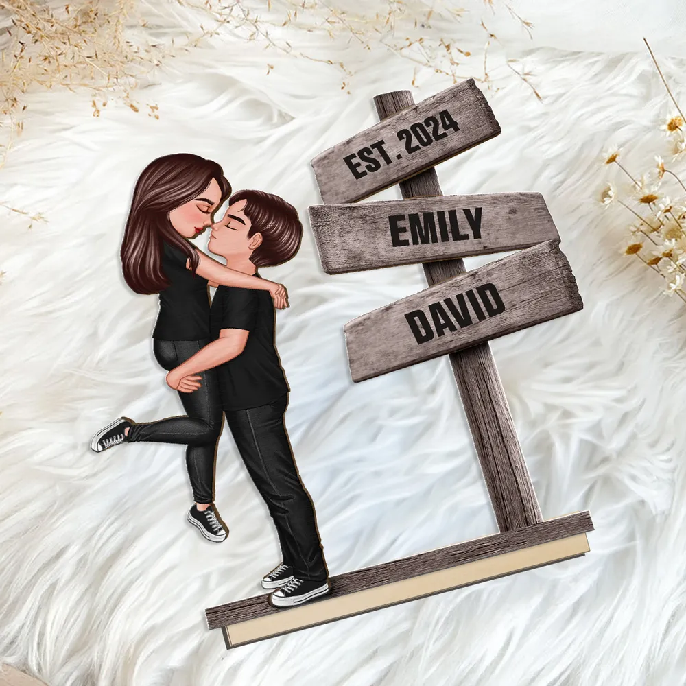 Couple Hugging Kissing Beside Directional Signs Personalized 2-Layer Standing Wooden Plaque, Heartfelt Gift For Couple, For Him, For Her, Boyfriend, Girlfriend, Husband, Wife