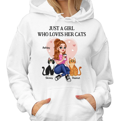 Just A Girl Who Loves Cats Pretty Cartoon Girl Sitting With Cats - Personalized Shirt