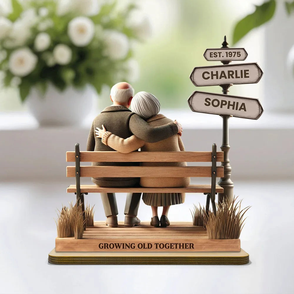 Custom Old Couple Street Sign, Romantic Bench Scene Design, Personalized Standing Wooden Plaque, Anniversary Gift, Valentine's Gift