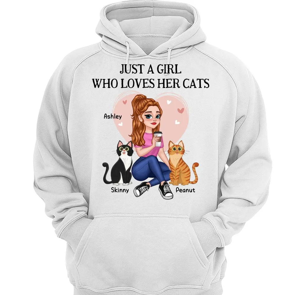 Just A Girl Who Loves Cats Pretty Cartoon Girl Sitting With Cats - Personalized Shirt