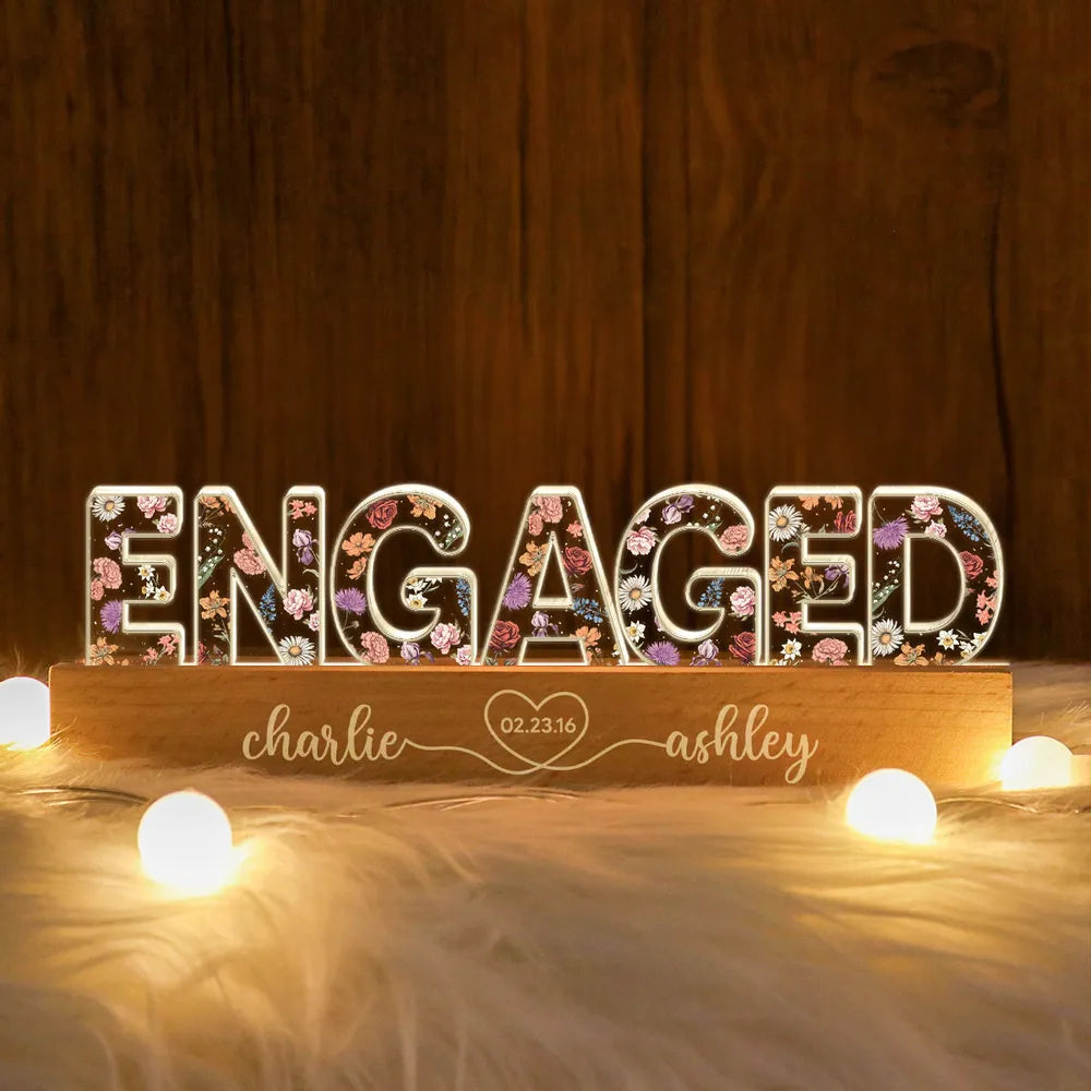 Personalized Couple Engagement Floral Theme Anniversary Gift Acrylic Block LED Night Light, Heartfelt 2025 Valentine's Day Gift, For Him, For Her, For Husband, For Wife