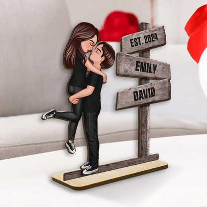 Couple Hugging Kissing Beside Directional Signs Personalized 2-Layer Standing Wooden Plaque, Heartfelt Gift For Couple, For Him, For Her, Boyfriend, Girlfriend, Husband, Wife