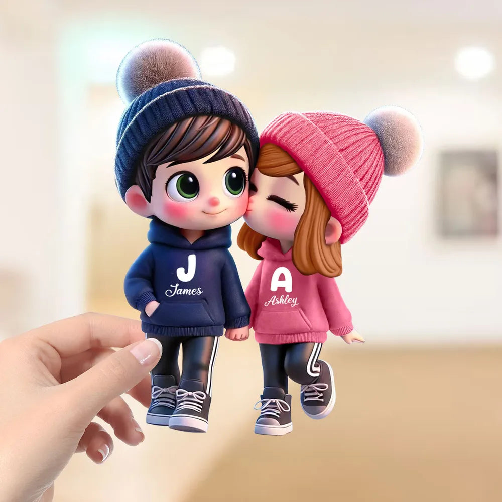 3D Cute Cartoon Couple Walking Personalized Standing Wooden Plaque, Valentine's Day Gift for Him, Gift for Her