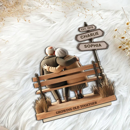 Custom Old Couple Street Sign, Romantic Bench Scene Design, Personalized Standing Wooden Plaque, Anniversary Gift, Valentine's Gift