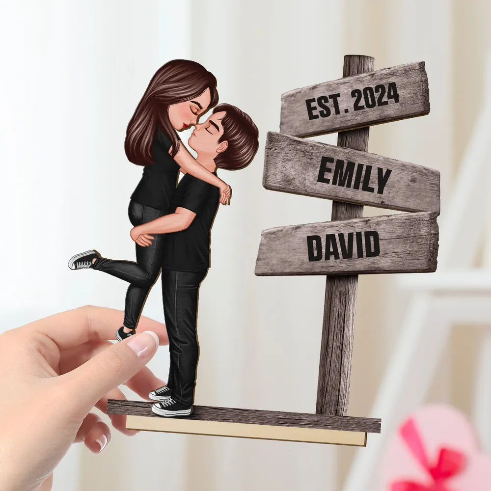 Couple Hugging Kissing Beside Directional Signs Personalized 2-Layer Standing Wooden Plaque, Heartfelt Gift For Couple, For Him, For Her, Boyfriend, Girlfriend, Husband, Wife