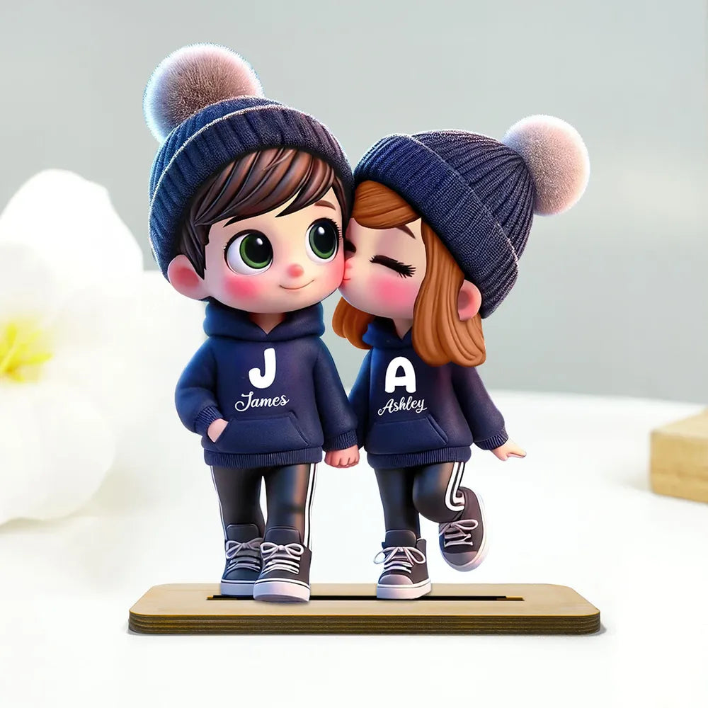 3D Cute Cartoon Couple Walking Personalized Standing Wooden Plaque, Valentine's Day Gift for Him, Gift for Her