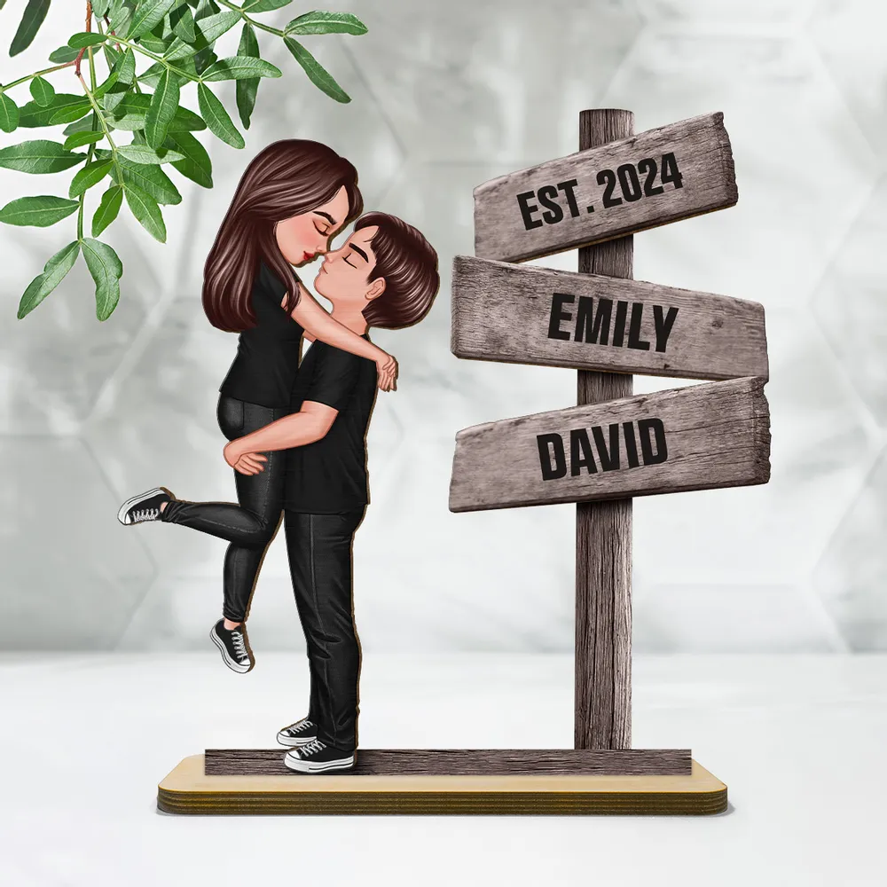 Couple Hugging Kissing Beside Directional Signs Personalized 2-Layer Standing Wooden Plaque, Heartfelt Gift For Couple, For Him, For Her, Boyfriend, Girlfriend, Husband, Wife