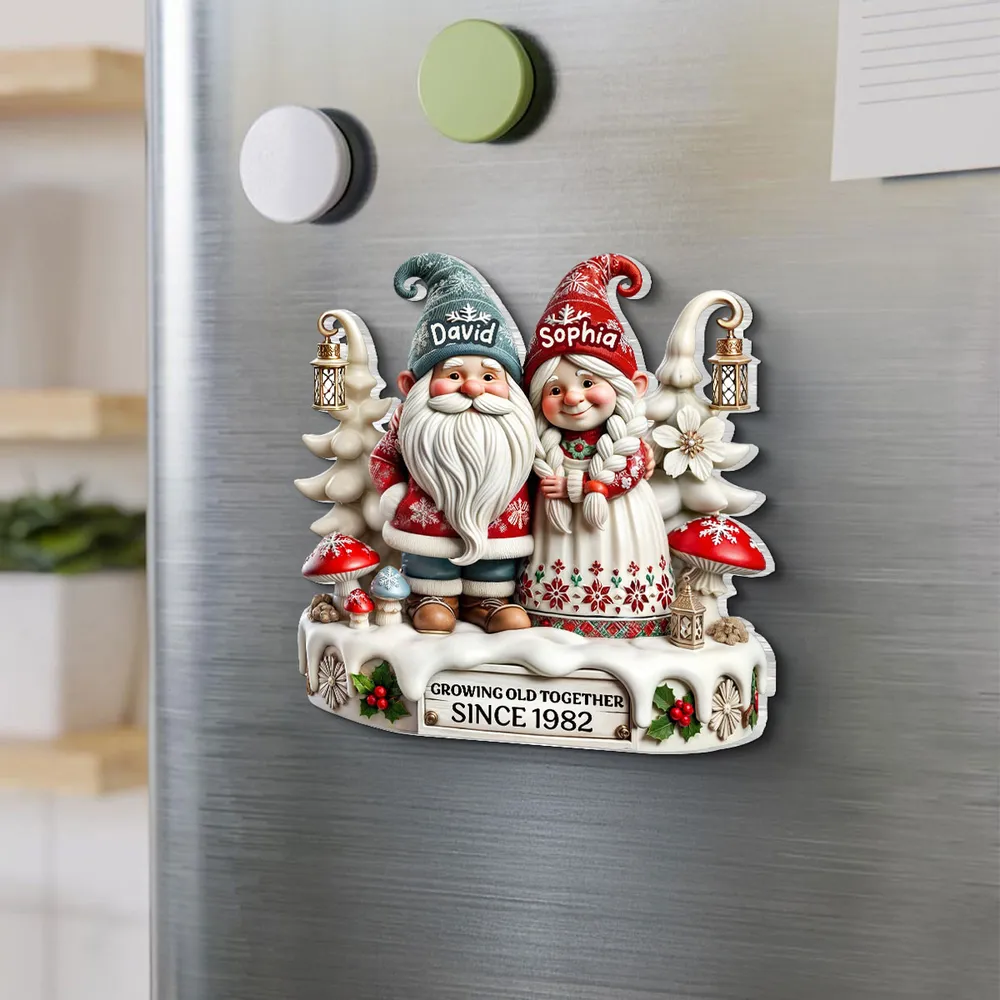 3D Effect Gnome Couple Together Personalized Acrylic Fridge Magnet, 2025 Heartfelt Valentine's Day Gift, Anniversary Gift For Couple, For Him, For Her, Husband, Wife