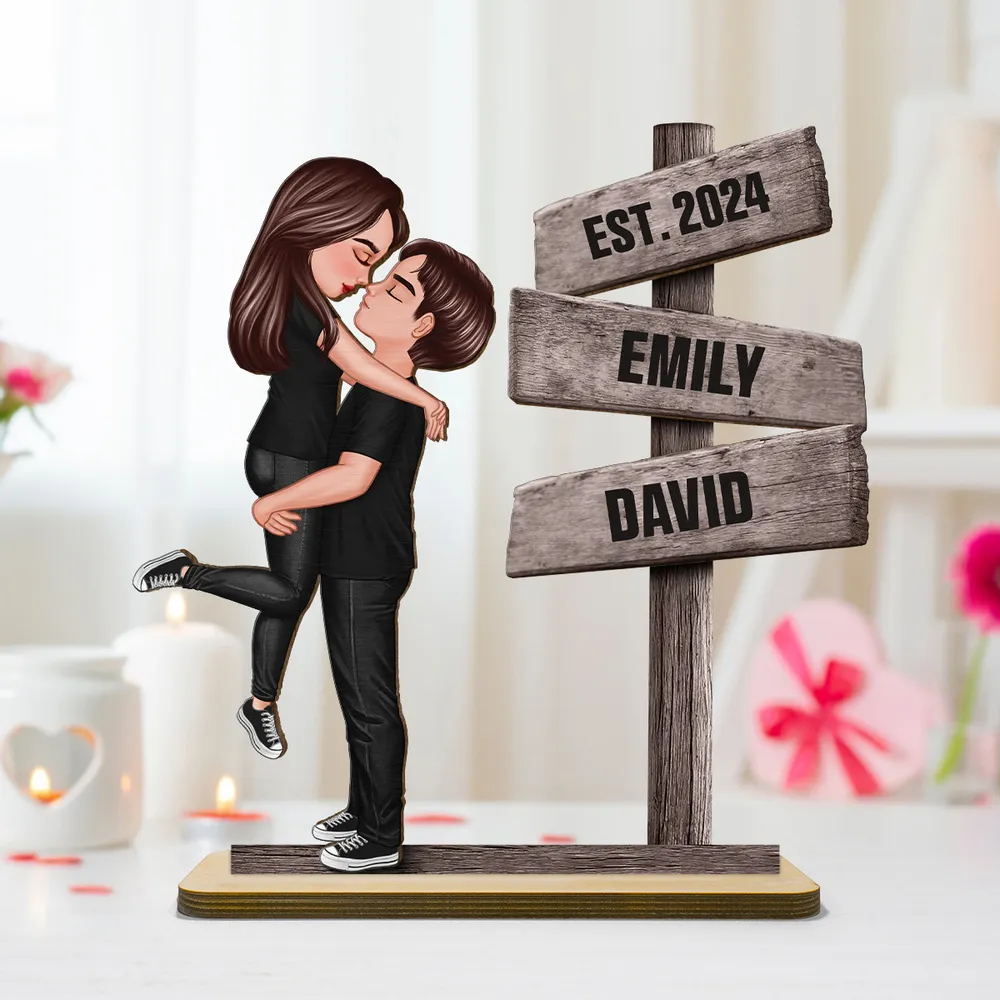 Couple Hugging Kissing Beside Directional Signs Personalized 2-Layer Standing Wooden Plaque, Heartfelt Gift For Couple, For Him, For Her, Boyfriend, Girlfriend, Husband, Wife