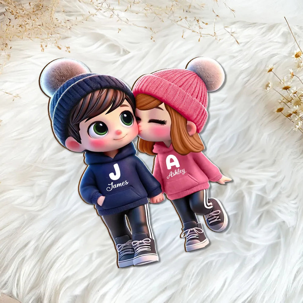 3D Cute Cartoon Couple Walking Personalized Standing Wooden Plaque, Valentine's Day Gift for Him, Gift for Her