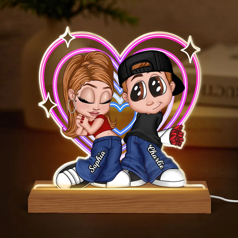 Y2K Couple Retro Heart Personalized Acrylic LED Night Light, Anniversary Gift, Gift for Him for Her