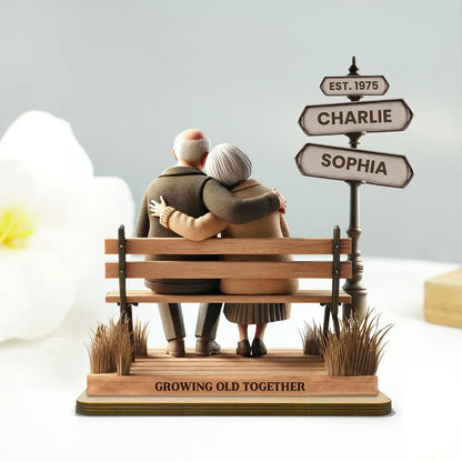 Custom Old Couple Street Sign, Romantic Bench Scene Design, Personalized Standing Wooden Plaque, Anniversary Gift, Valentine's Gift