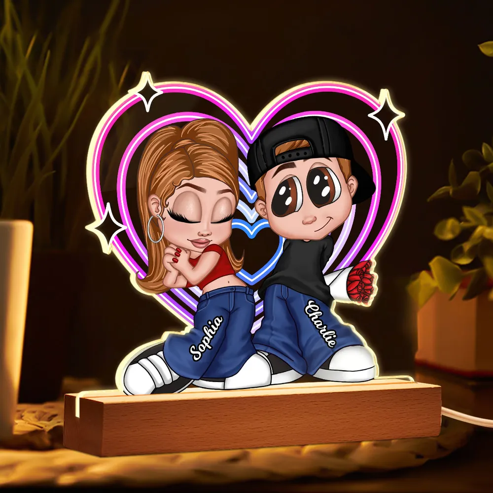 Y2K Couple Retro Heart Personalized Acrylic LED Night Light, Anniversary Gift, Gift for Him for Her