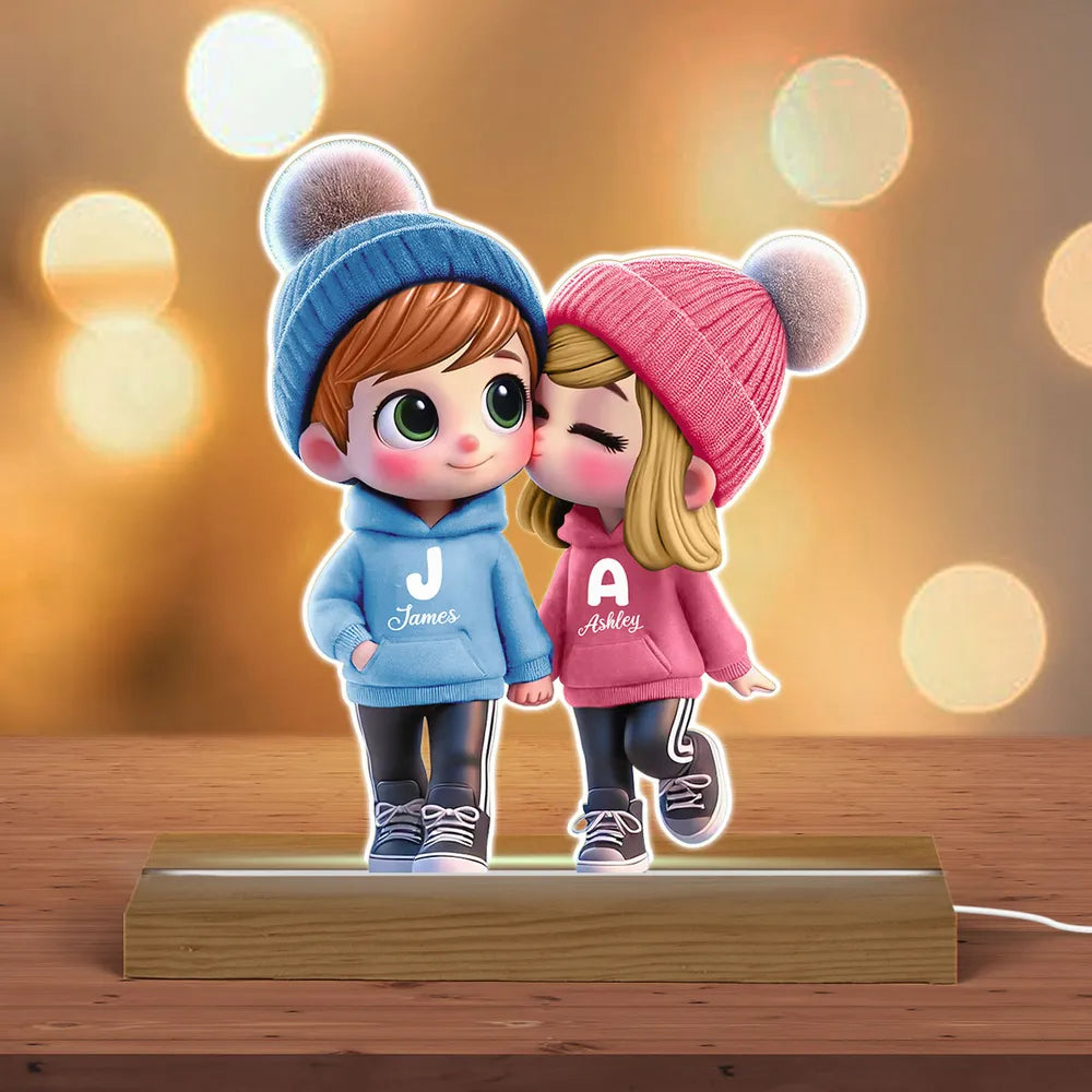 3D Cute Cartoon Couple Walking Personalized Custom Shaped LED Night Light, Valentine's Day Gift for Him, Gift for Her