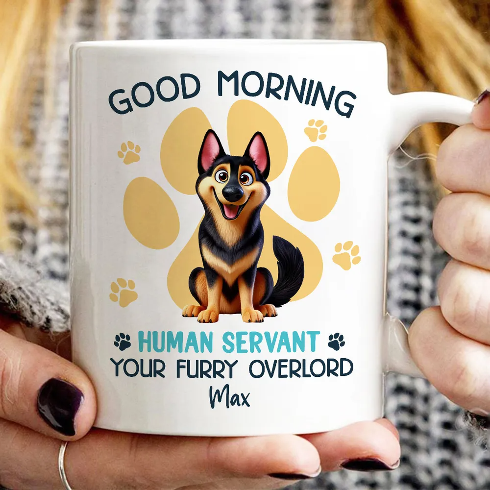 Funny Cartoon Dogs Good Morning Dog Human Servant Personalized Mug, Funny Gift For Dog Lovers