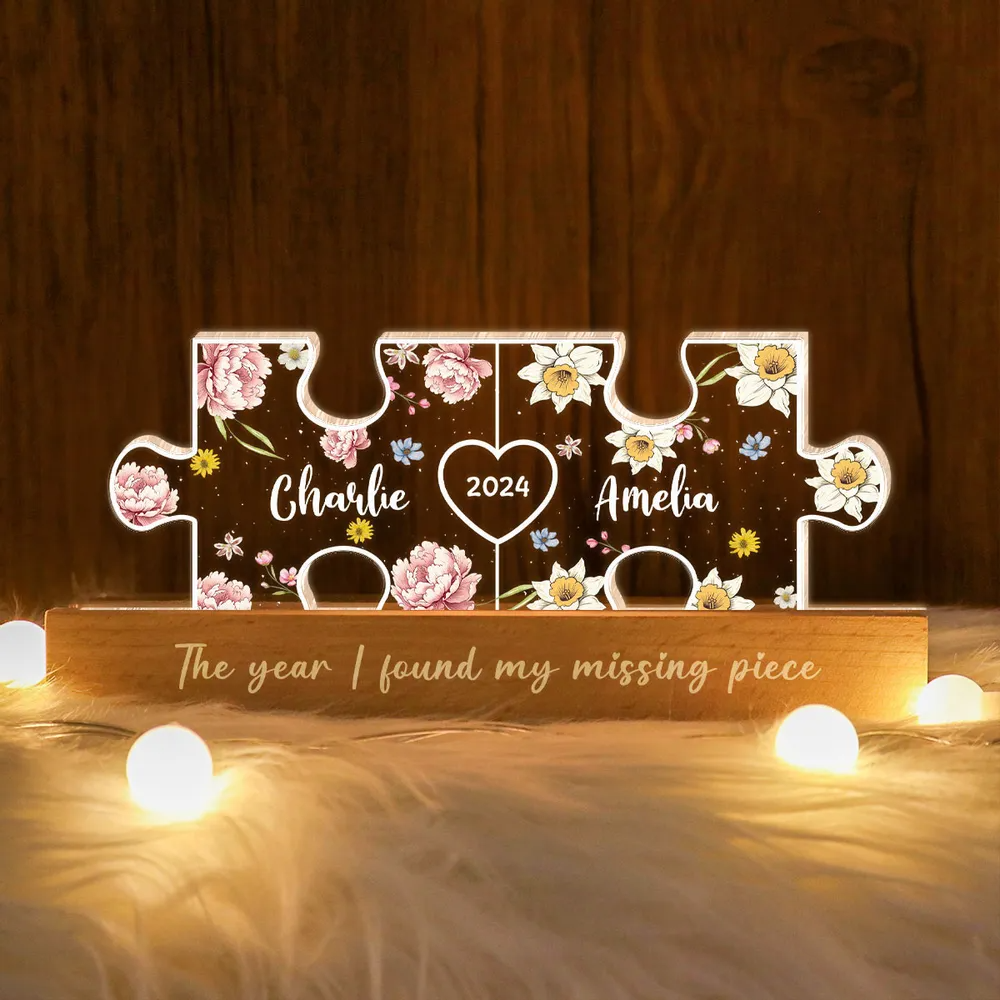 Couple Puzzle Birth Month Flower Theme Anniversary Gift Personalized Acrylic LED Night Light, Heartfelt 2025 Valentine's Day Gift, Anniversary Gift For Her, For Girlfriend, For Wife