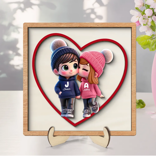 Personalized Initials Heart Sign Personalized 2-Layered Wooden Plaque, Cute Cartoon Couple Walking, Tiered Tray Valentines Signs or Shelf Signs