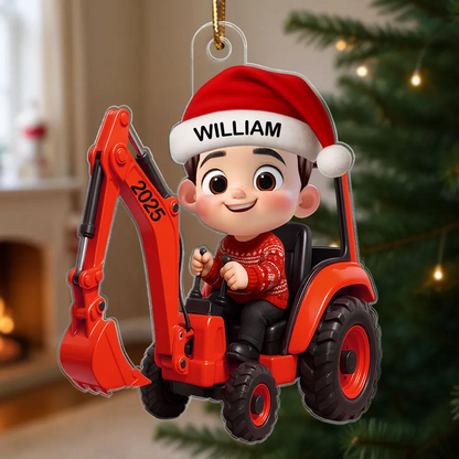 3D Effect Little Boy Kid With Tractor Excavator Backhoe Christmas - Personalized Acrylic Ornament - Gift For Grandkids, Kids