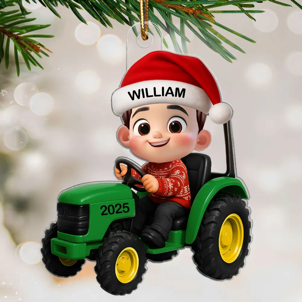 3D Effect Little Boy Kid With Tractor Excavator Backhoe Christmas - Personalized Acrylic Ornament - Gift For Grandkids, Kids