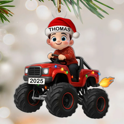 3D Effect Christmas Kid Driving Monster Truck - Personalized Acrylic Ornament - Gift For Kids, Grandkids