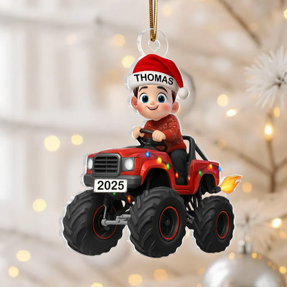 3D Effect Christmas Kid Driving Monster Truck - Personalized Acrylic Ornament - Gift For Kids, Grandkids