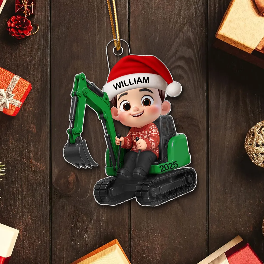 3D Effect Little Boy Kid With Tractor Excavator Backhoe Christmas - Personalized Acrylic Ornament - Gift For Grandkids, Kids