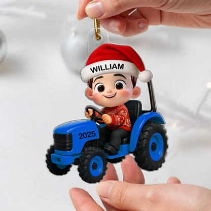 3D Effect Little Boy Kid With Tractor Excavator Backhoe Christmas - Personalized Acrylic Ornament - Gift For Grandkids, Kids