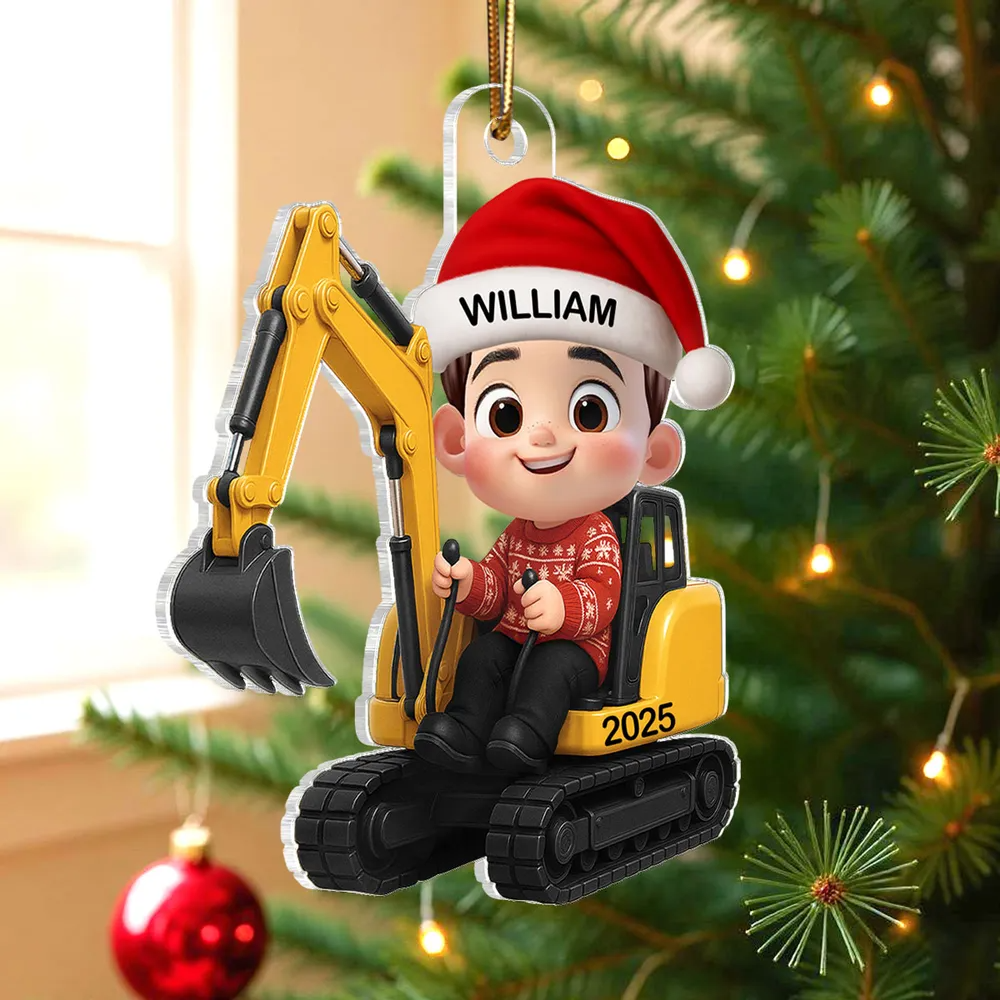 3D Effect Little Boy Kid With Tractor Excavator Backhoe Christmas - Personalized Acrylic Ornament - Gift For Grandkids, Kids