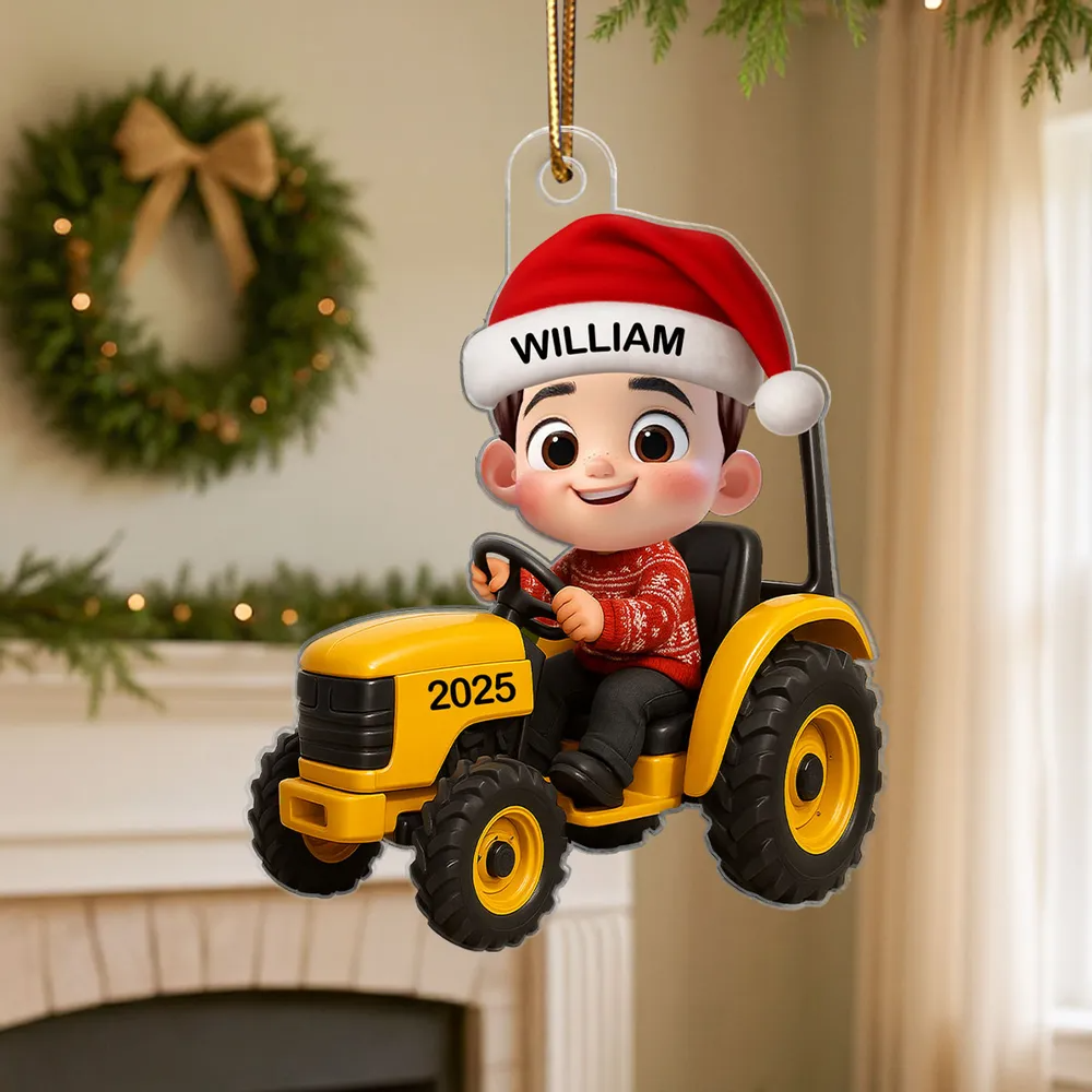3D Effect Little Boy Kid With Tractor Excavator Backhoe Christmas - Personalized Acrylic Ornament - Gift For Grandkids, Kids
