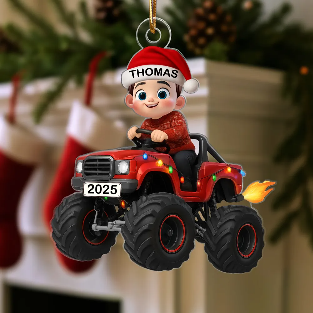 3D Effect Christmas Kid Driving Monster Truck - Personalized Acrylic Ornament - Gift For Kids, Grandkids