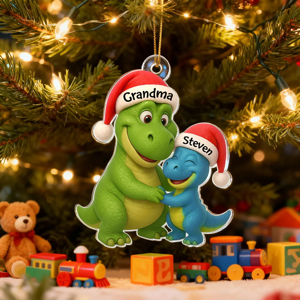 3D Effect Heartwarming Grandmasaurus Hugging Dinosaur Grandkid - Personalized Acrylic Ornament - Fun & Unique Gift For Grandkids