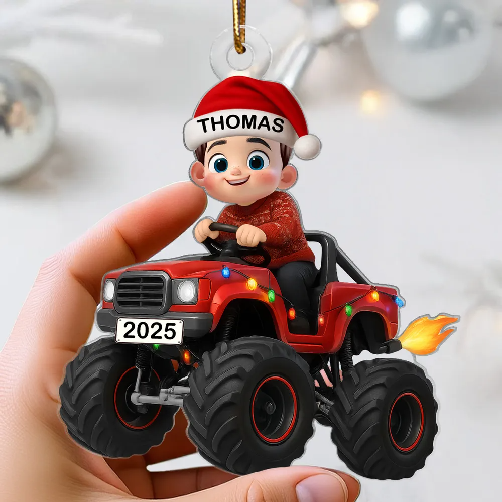 3D Effect Christmas Kid Driving Monster Truck - Personalized Acrylic Ornament - Gift For Kids, Grandkids