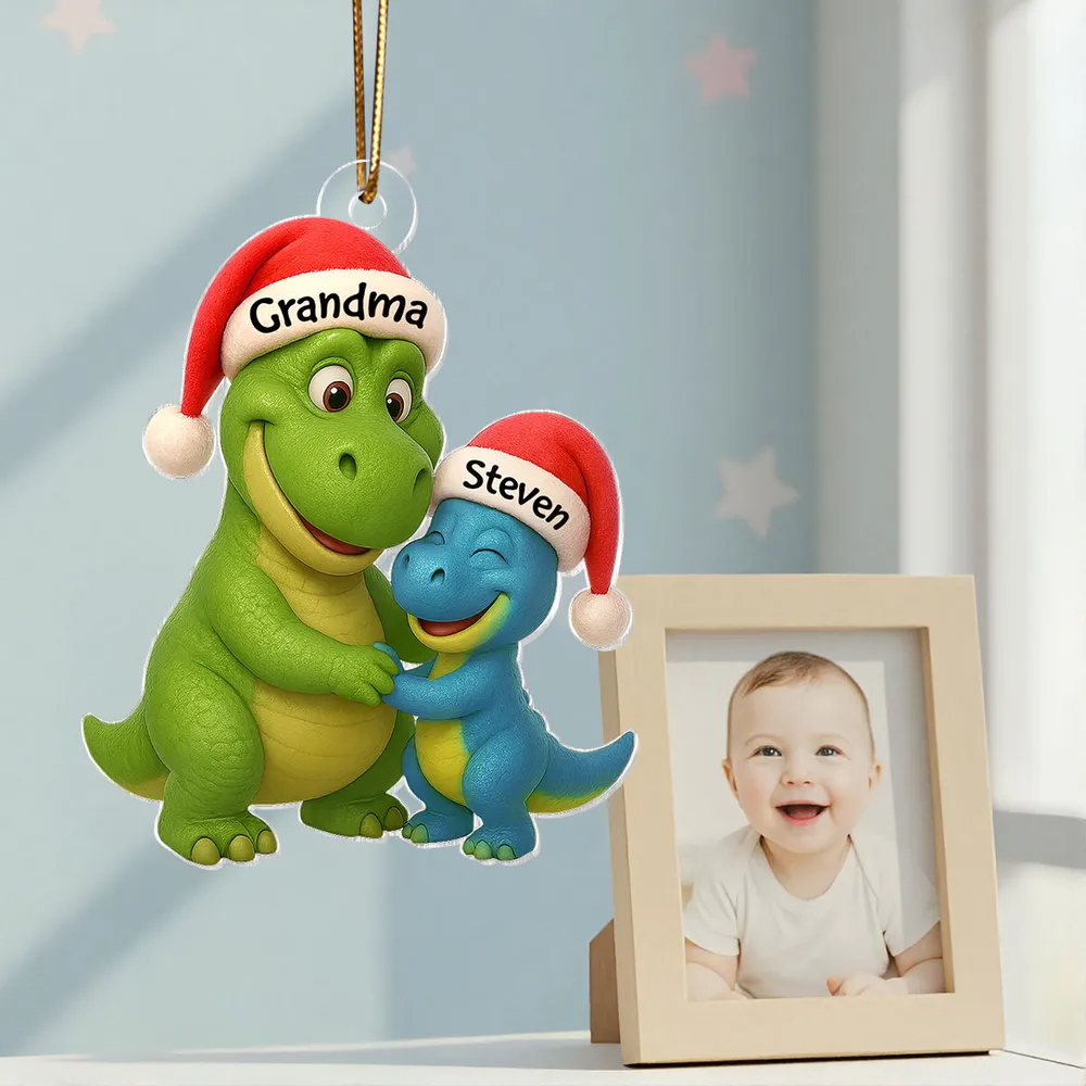 3D Effect Heartwarming Grandmasaurus Hugging Dinosaur Grandkid - Personalized Acrylic Ornament - Fun & Unique Gift For Grandkids
