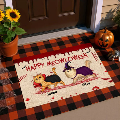 Happy Meowloween Spooky Walking Cat Personalized Doormat, Halloween Decor
