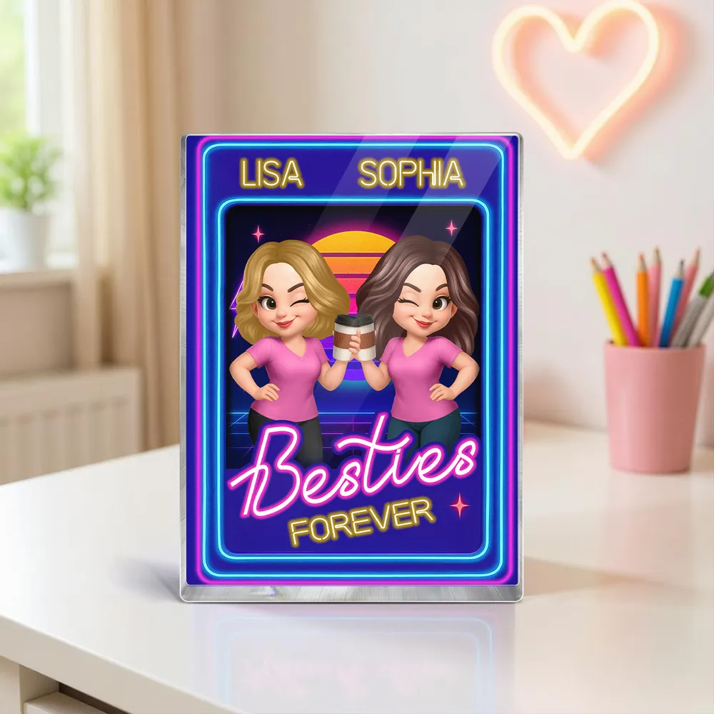 Besties Sisters Retro Rewind Neon Toy Box 3D Effect Personalized Acrylic Block