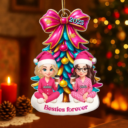 Besties Sitting Under Pink Christmas Tree Personalized Acrylic Ornament, Christmas Gift for Best Friends, Sisters
