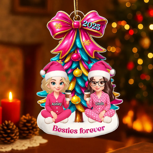 Besties Sitting Under Pink Christmas Tree Personalized Acrylic Ornament, Christmas Gift for Best Friends, Sisters