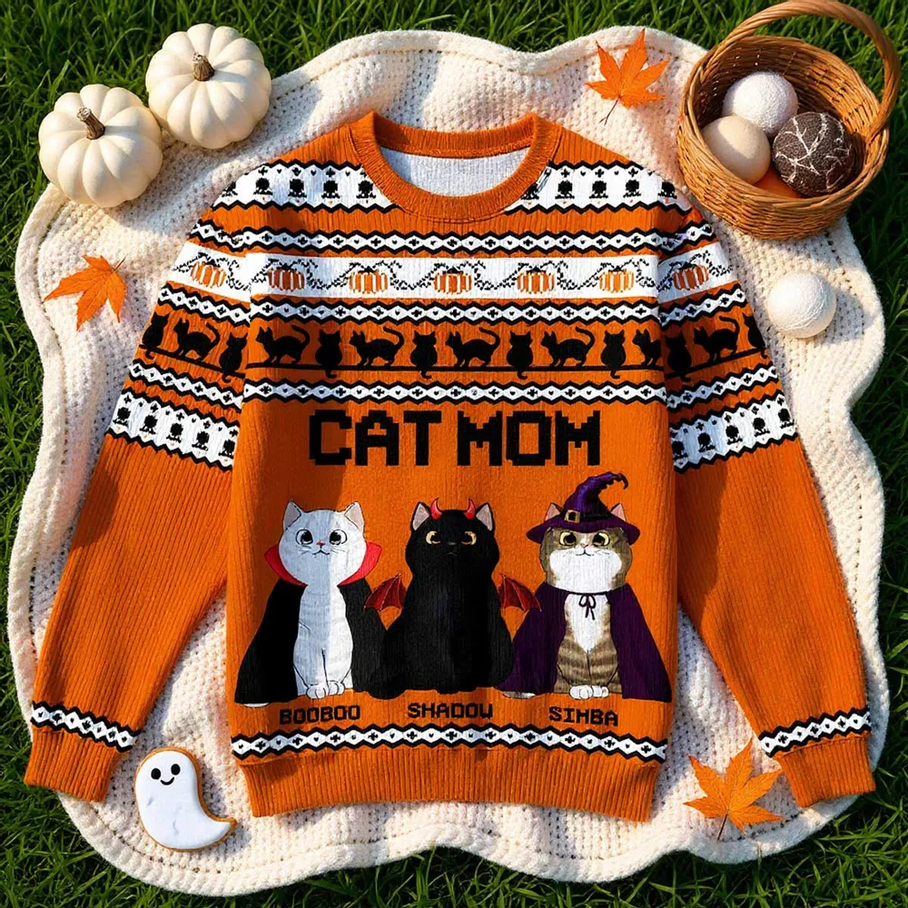Halloween Fall Vibe Cat Mom Pattern Personalized Faux Knitting Sweater