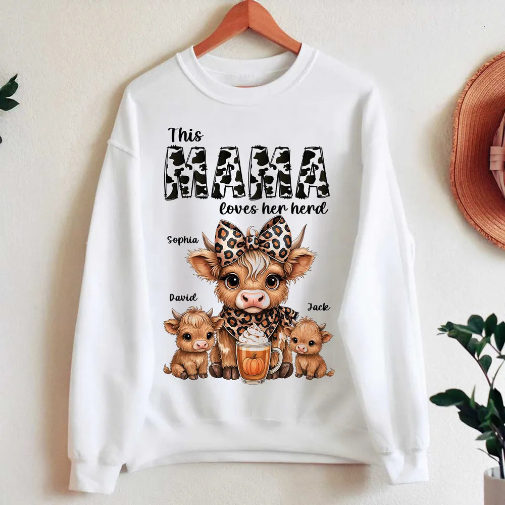 This Mama Grandma Loves Her Herds – Cozy Fall Vibe Personalized Highland Cow Family Sweatshirt