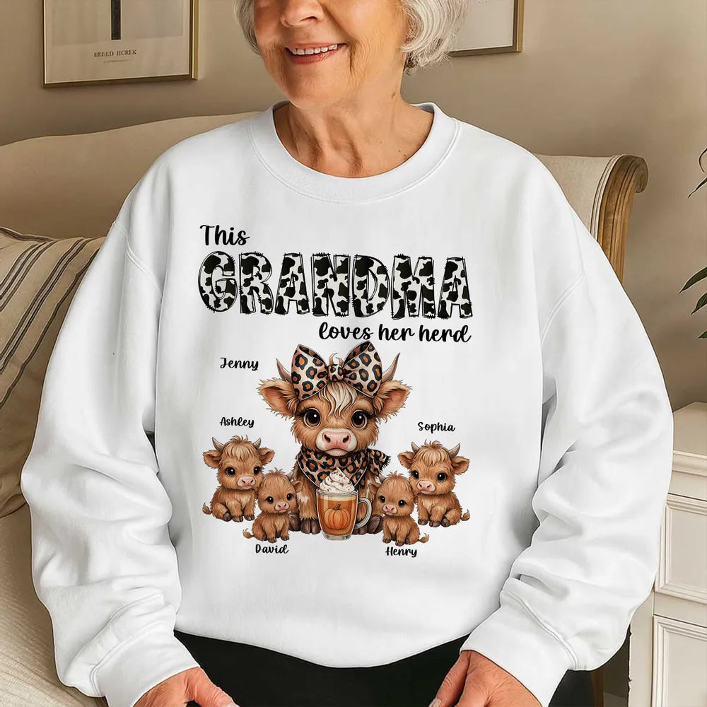 This Mama Grandma Loves Her Herds – Cozy Fall Vibe Personalized Highland Cow Family Sweatshirt