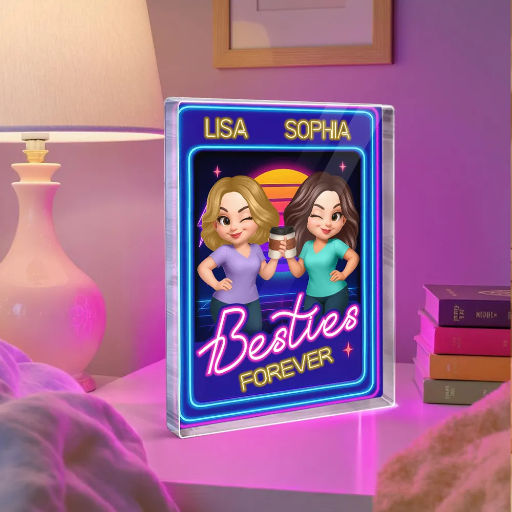 Besties Sisters Retro Rewind Neon Toy Box 3D Effect Personalized Acrylic Block