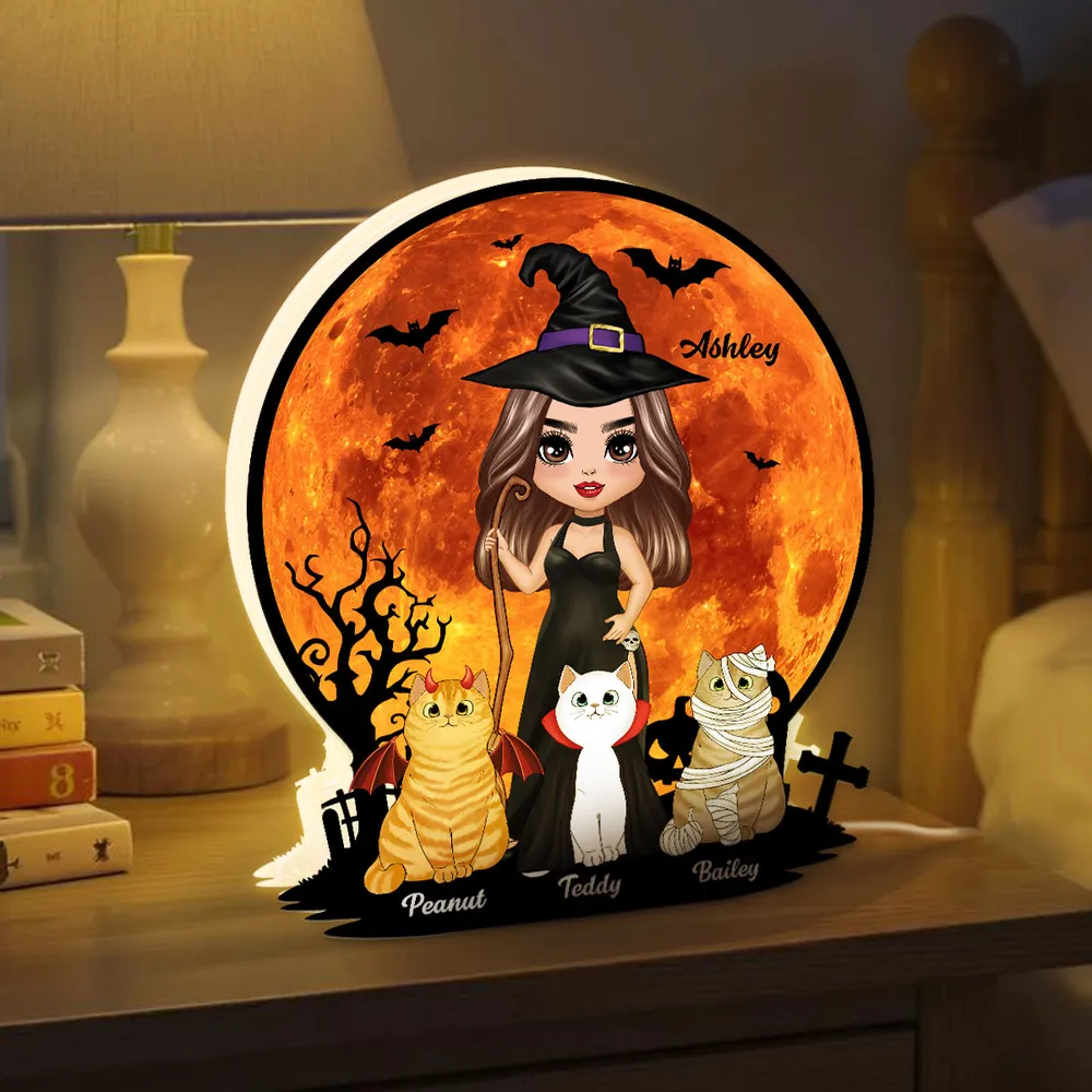 Witch Cat Mom Under Halloween Moon Tabletop Tier Tray Decor Personalized Light Box, Halloween Decor For Cat Lovers