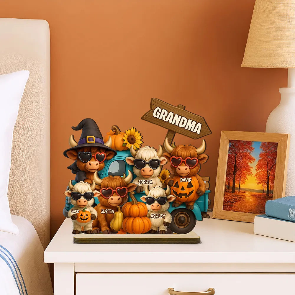 Mom Grandma Highland Cow on Truck Personalized Standing Wooden Plaque, Cozy Fall Vibe Halloween Decor for Mom, Grandma