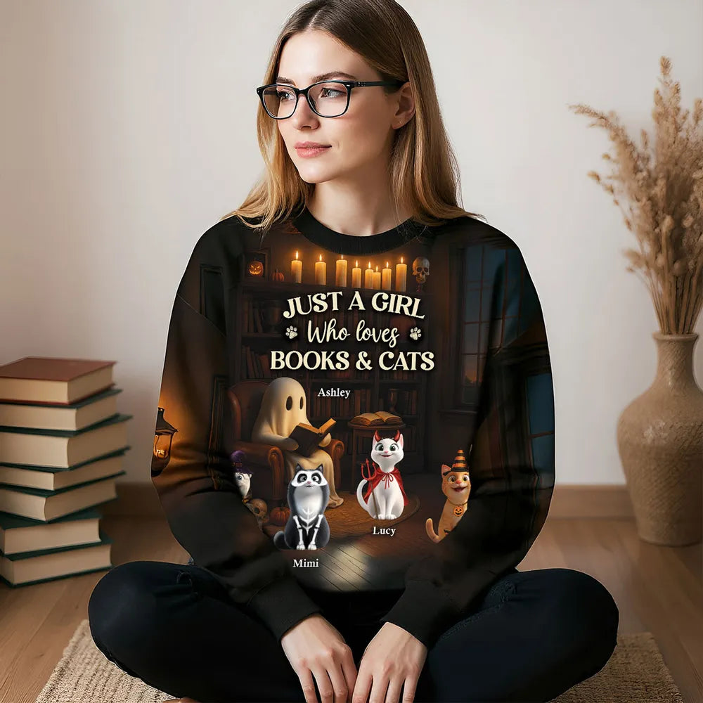 Just a Girl Who Loves Books and Cats Halloween Personalized Sweatshirt, Cozy Fall Sweatshirt for Cat Moms