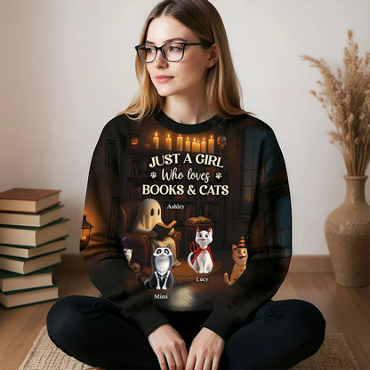 Just a Girl Who Loves Books and Cats Halloween Personalized Sweatshirt, Cozy Fall Sweatshirt for Cat Moms