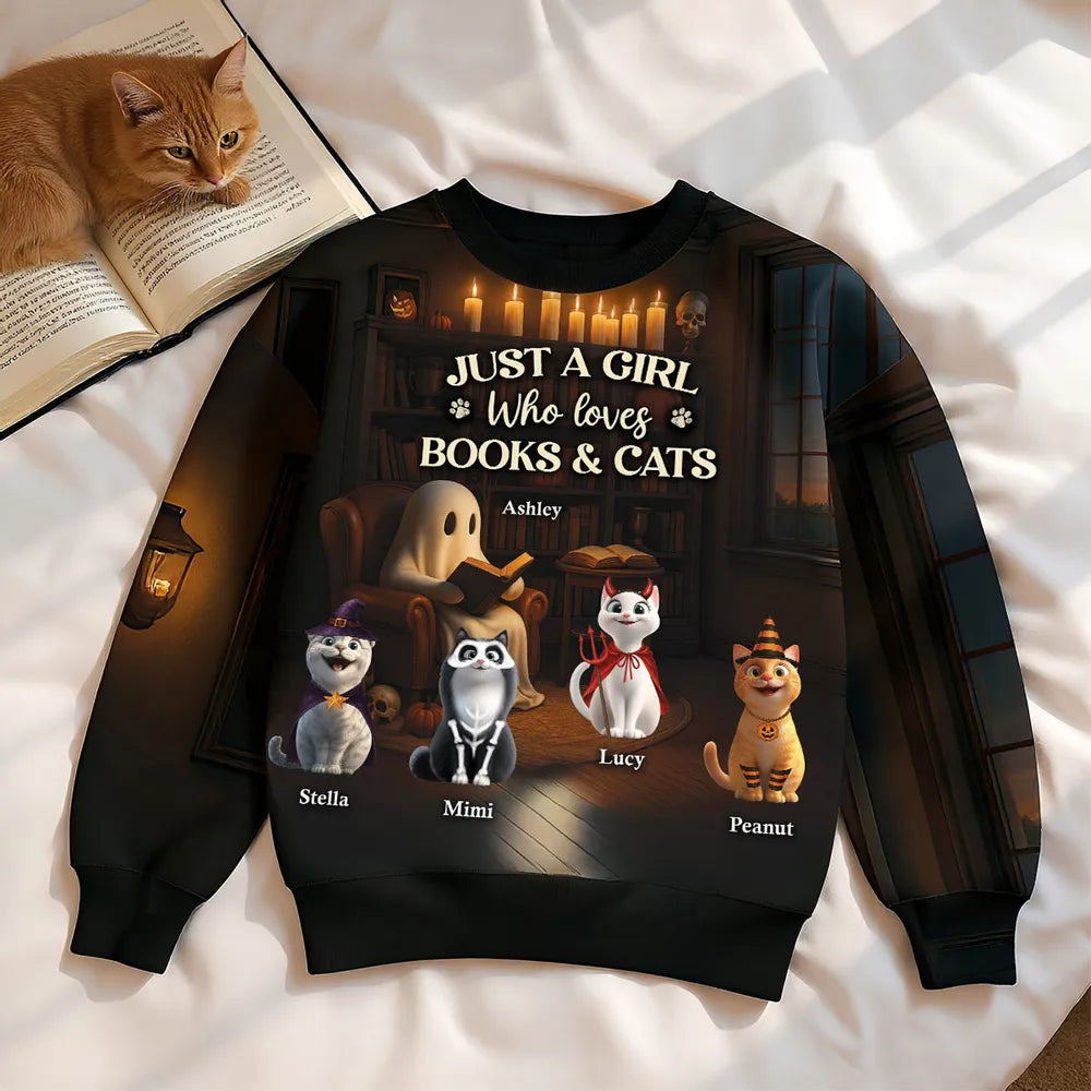 Just a Girl Who Loves Books and Cats Halloween Personalized Sweatshirt, Cozy Fall Sweatshirt for Cat Moms